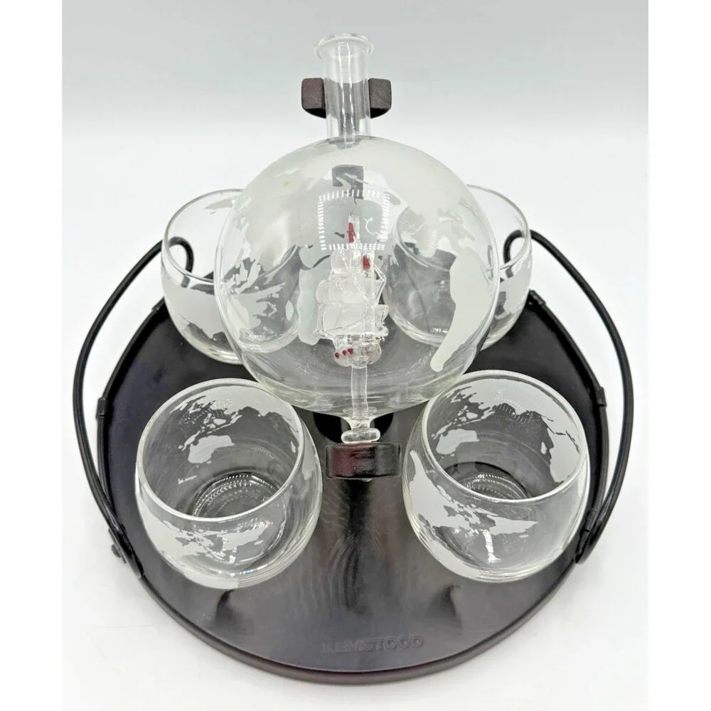 Whiskey Liquor/Wine Decanter Globe World Set Spun Glass Ship 4 Glasses/Tray